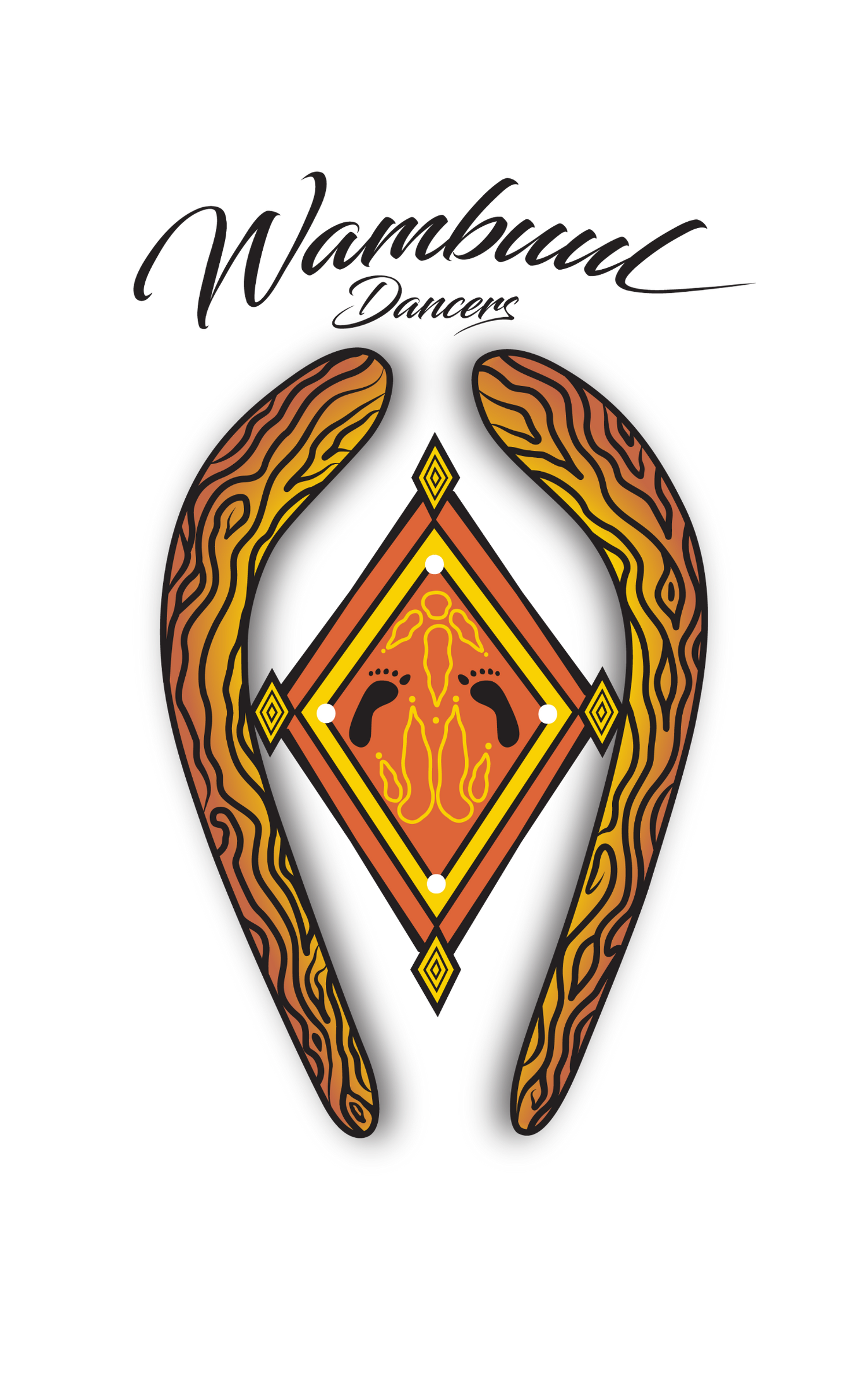Decorative item with a geometric design and 'Wambul Dancers' text on a white background