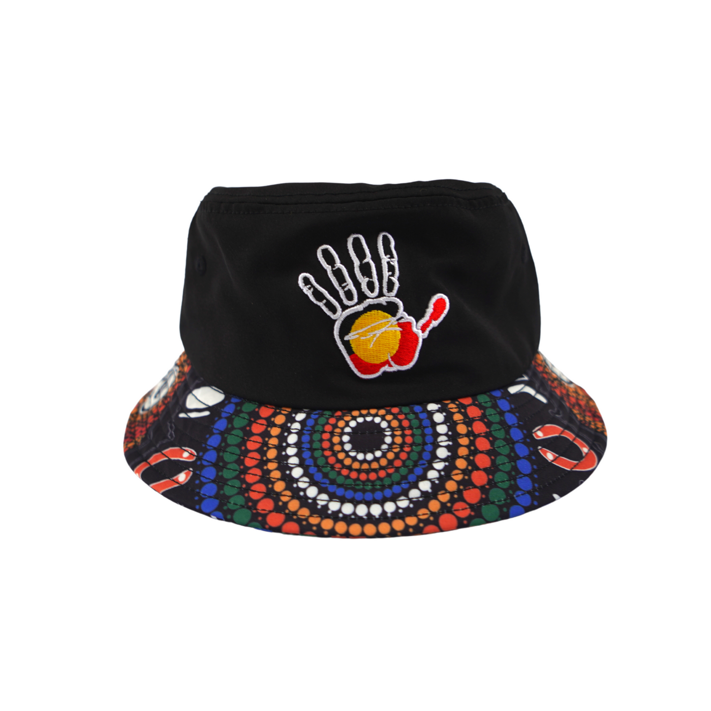 Black bucket hat featuring designed brim