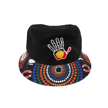 Black bucket hat featuring designed brim